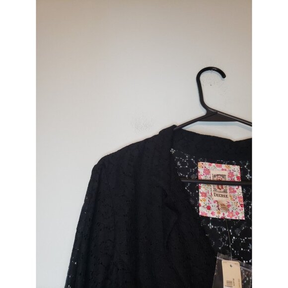 Decree Womens L Blazer Black Floral Lace 3/4 Sleeve Semi Sheer Button NWT - Picture 4 of 6